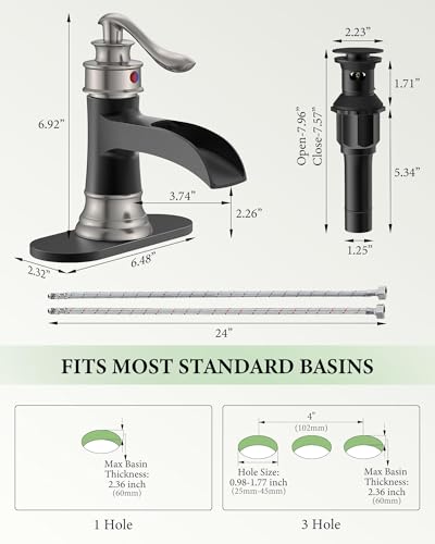 Bathroom Sink Faucet Waterfall Single Handle Matte Black and Brushed Nickel | Lavatory Vanity Basin Mixer Tap One Hole Lever Deck Mount Commercial Supply Line by Homevacious - color: Black & Nickel