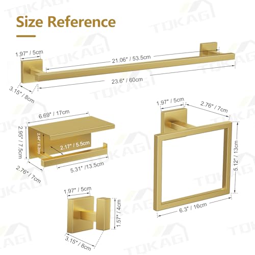 TQKAG 5-Pieces Brushed Gold Bathroom Hardware Accessories Set 23.6" SUS304 Stainless Steel Towel Bar Set Wall Mounted Square Toilet Paper Holder with Shelf - color: Brushed Gold, size: 5-Pieces Set-B
