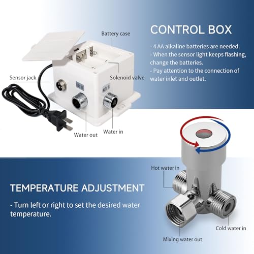 Touchless Bathroom Sink Faucet Automatic Motion Sensor Hands Free Faucet | Chrome plating, with hole cover plate and temperature mixer, commercial solid brass faucet, AC/DC powered, 1 hole or 3 hole - color: Chrome