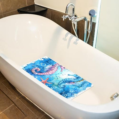 Non Slip Bath Mat for Tub, 15.1 x 26.8 Inch Bathtub Mat Machine Washable Shower Mat with Drain Holes and Suction Cups, Watercolor Splash Cute Seahorse Sea Shells - color: Multi 09