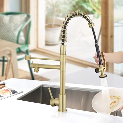 Fapully Commercial Brushed Gold Kitchen Faucet with Pull Down Sprayer | High-Pressure Flow,1.8 GPM Kitchen Faucet Single Handle Spring Faucets for Kitchen Sink - color: Brushed Gold, style: Classic
