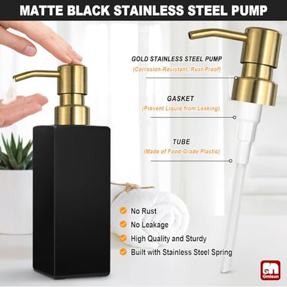 GMISUN Gold Soap Dispenser, Black Soap Dispenser Bathroom with Stainless Steel Pump, Hand and Dish Soap Dispensers Set for Kitchen, 12 fl oz/350ml Glass Liquid Refillable Lotion Dispenser Bottle - color: Black Bottle + Gold Pump