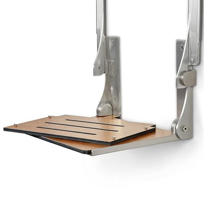 Seachrome Silhouette Comfort Folding Wall Mount Shower Bench Seat with Arms, Rustic Teak Seat with Silver Frame - color: Rustic Teak With Silver Frame