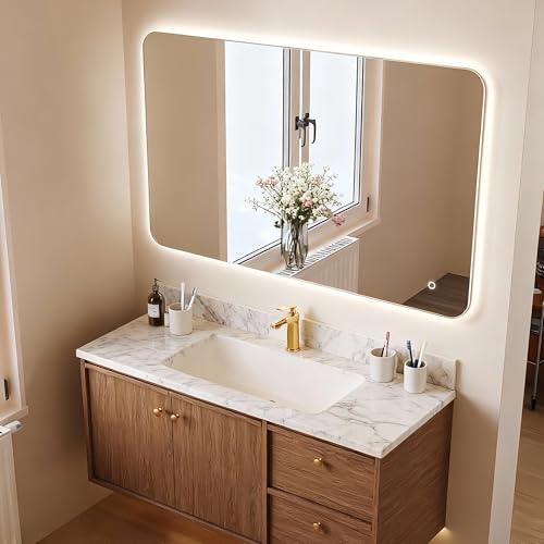40''X30'' Lighted Mirrors for Bathroom Wall Backlit Rectangular Rounded Corners, LED Bathroom Mirror Frameless with Lights, Dimmable, 3 Colors,Tempered Glass, Shatter-Proof - color: Color 2 No Anti Fog, size: 40"L x 30"W