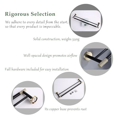 24 Inch Black and Gold Double Towel Bar, Rust-Resistant 304 Stainless Steel with Solid Brass Knurled Accents, Wall-Mounted for Bathroom & Shower - color: Black and Gold