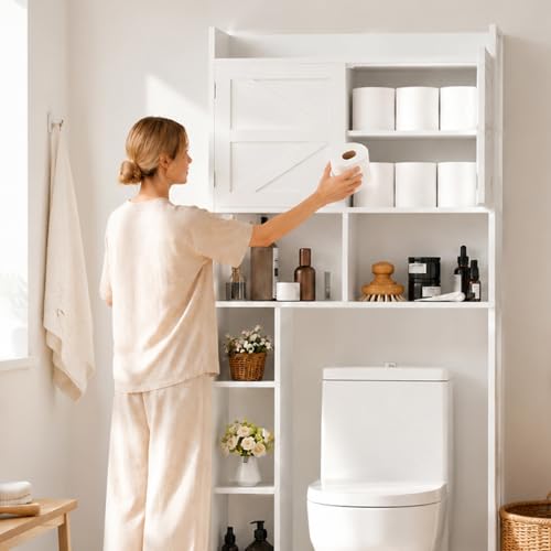Over the Toilet Storage Cabinet, 66.92”H 7-Tier Bathroom Organizer Rack | Toilet Shelf with Side Cabinet and 2 Farmhouse Barn Doors,Freestanding Space Saver for Bathroom, Laundry, White