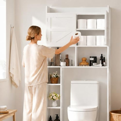 Over the Toilet Storage Cabinet, 66.92”H 7-Tier Bathroom Organizer Rack | Toilet Shelf with Side Cabinet and 2 Farmhouse Barn Doors,Freestanding Space Saver for Bathroom, Laundry, White