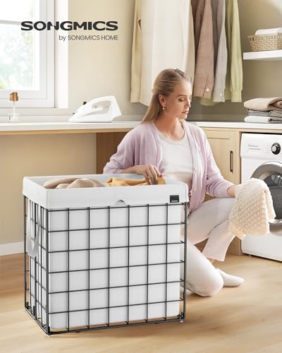 SONGMICS Laundry Hamper, 34.3 Gal. (130L) Laundry Basket, Collapsible Clothes Hamper, Removable and Washable Liner, Metal Wire Frame, for Bedroom Bathroom, Cream White ULCB113W01 - color: Cream White, size: 130 L