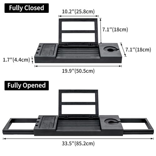 Utoplike Bamboo Bathtub Tray Black, Adjustable Bath Caddy Table for Tub | Bathroom Organizer with Book Tablet, Wine Glass Cup, Towel Holder - color: 19.8-33.5 in Black