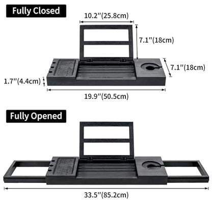 Utoplike Bamboo Bathtub Tray Black, Adjustable Bath Caddy Table for Tub | Bathroom Organizer with Book Tablet, Wine Glass Cup, Towel Holder - color: 19.8-33.5 in Black