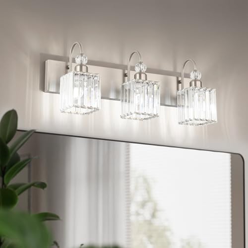 Ralbay Brushed Nickel Vanity Light for Bathroom Crystal 3-Light Modern Crystal Bathroom Light Fixtures - color: Square-Brushed Nickel, size: 3-light