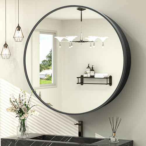 TokeShimi 30x30 Black Medicine Cabinet for Bathroom, Round Medicine Cabinet with Mirror Shatterproof, Removable Shelf, Surface Mount Only - color: Black, size: Round 30 IN