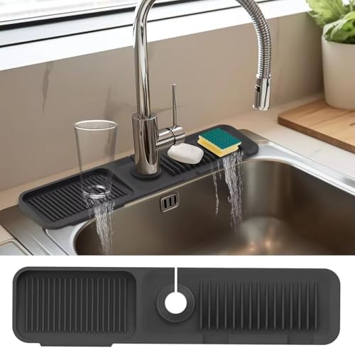 24 inch Faucet Mat for Kitchen Sink Splash Guard, 7° Slope Silicone Sink Water Splash Guard for Kitchen Sink Area with Snap Button, Longer Sink Protectors for kitchen Sink Sponge Holder, (Black )