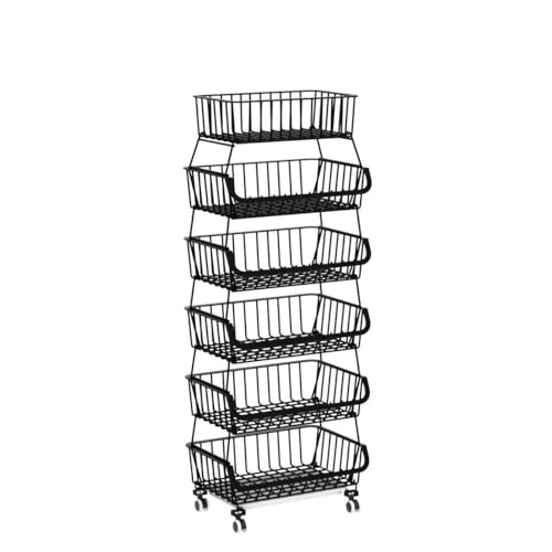 Metal Wire Baskets with Wheels, Stackable Storage Bins Kitchen Organizer Shelf 3-4-5-6 Tier Fruit Vegetable Cart Dishes Seasonal Rack Shelves for Garage, Pantry, Bathroom - size: 6 Tier without Slide Drawer