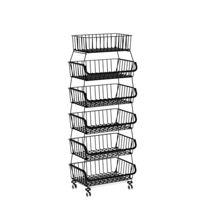 Metal Wire Baskets with Wheels, Stackable Storage Bins Kitchen Organizer Shelf 3-4-5-6 Tier Fruit Vegetable Cart Dishes Seasonal Rack Shelves for Garage, Pantry, Bathroom - size: 6 Tier without Slide Drawer