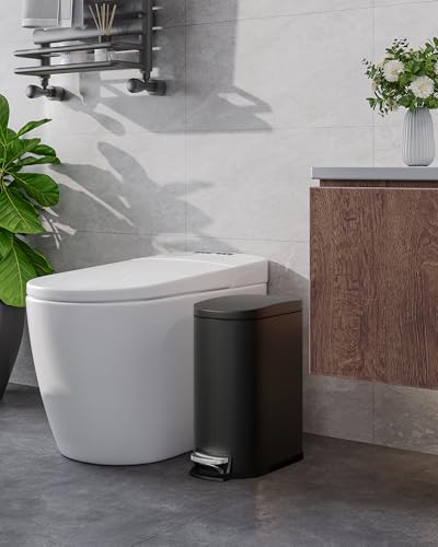 Garvee 2.6 gal / 10 L Metal Bathroom Trash Can with Lid, Slim Waterproof Garbage Can for Bedroom, Small Step-on Trash Bin with Inner Bucket, Rear Handle, Soft Close Lid, Black - color: Black, size: 2.6 Gallons