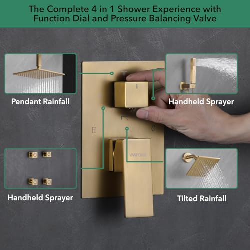 VANFOXLE Shower System, Brushed Gold Shower Faucet Set, Four Modes | 10 Inch Ceiling Mount Head Increased Thick, 6 Inch Second Head, 2-in-1 Handheld Combo, 4 PCS Dual Mode Body Jets, Brass Valve - color: Brushed Gold