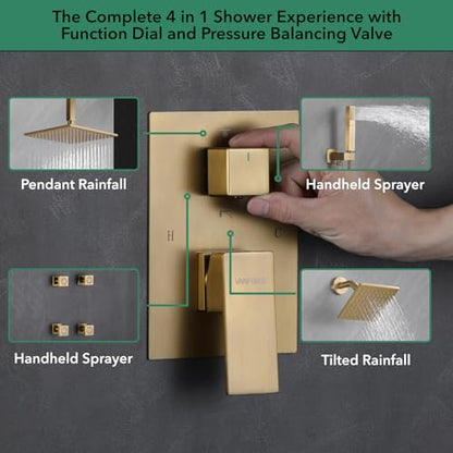 VANFOXLE Shower System, Brushed Gold Shower Faucet Set, Four Modes | 10 Inch Ceiling Mount Head Increased Thick, 6 Inch Second Head, 2-in-1 Handheld Combo, 4 PCS Dual Mode Body Jets, Brass Valve - color: Brushed Gold
