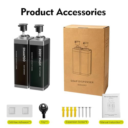 Wall Mounted Lockable Shampoo and Conditioner Dispenser | 17oz Large Pump Head No Drill Refillable ABS Plastic Bottle For Bathroom Shower Commercial Use Silver 2 Pack - color: Silver, size: 2