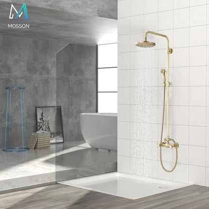 Antique Brass Shower System Bathroom Shower Faucet Set with 8 Inch Rainfall Shower Head Handheld Spray 2 Cross Handles Wall Mounted Outdoor Shower Fixtures Solid Brass - color: Antique Brass, style: Two Modes