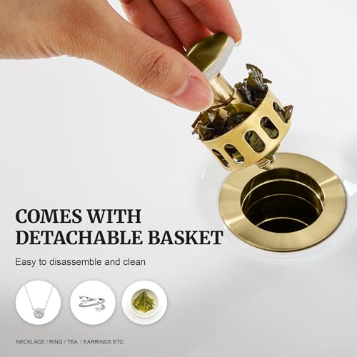 Pop up Sink Drain Stopper for Bathroom Vessel Vanity Sink Art Basin Brushed Gold, Small Cap Without Overflow, Metal Pop-up Drain Strainer with Detachable Basket Stopper | Pop Up Drain, Made of Metal, Small Cap, with Detachable Basket Stopper, Drain Fast,