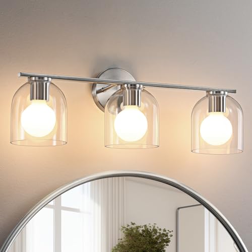 WOSHITU Bathroom Vanity Light Fixtures: 23.3 Inch Modern Brushed Nickel Bathroom Vanity Lights Over Mirror with Clear Glass Shade, 3-Light Farmhouse Vanity Lights Fixture - color: Brushed Nickel, size: 3-light