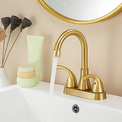 Bathroom Sink Faucet FRANSITON 4 Inch 2 Handle Lead-Free Brushed Glod Bath Sink Faucet with Pop-up Drain Stopper and Supply Hoses - color: Brushed Gold