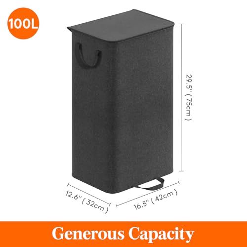 Lifewit Single Laundry Hamper with Lid and Removable Laundry Bags, Large Collapsible 1 Dividers Dirty Clothes Basket with Handles for Bedroom Laundry Room Closet Bathroom College, 100L Black - color: Black, size: 100L