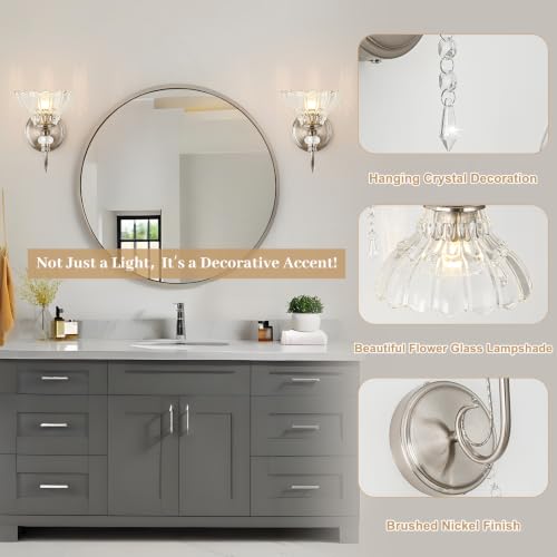 1 Piece Brushed Nickel Finish Wall Sconce, 1-Light Modern Wall Sconce with Hanging Crystal Accents and Flower-Shaped Clear Shades for Bathroom Bedroom Living Room,Modern Vanity Light - color: Nickel, size: 1-Light