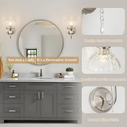1 Piece Brushed Nickel Finish Wall Sconce, 1-Light Modern Wall Sconce with Hanging Crystal Accents and Flower-Shaped Clear Shades for Bathroom Bedroom Living Room,Modern Vanity Light - color: Nickel, size: 1-Light