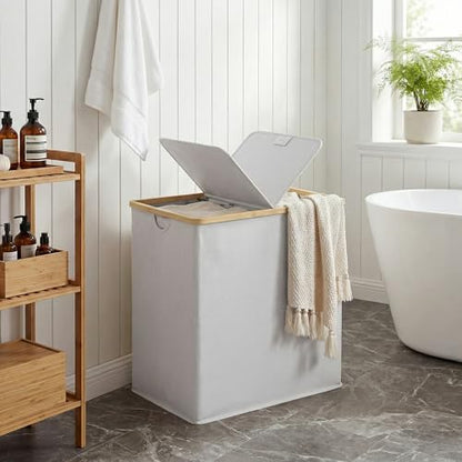 efluky Laundry Hamper with Lid, Double Laundry Basket with 2 Removable Bags, 2 Section Laundry Bin with Bamboo Handles for Bathroom, Bedroom & Laundry Room, 140L (36.9 Gallon) Light Grey - color: Light Grey, size: 140L Dual