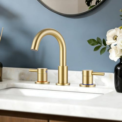 FGKQ 3-Hole 2-Handle Widespread Bathroom Sink Faucet, Brushed Gold | Stainless steel, pop-up drain included, 360°swivel spout, for vanity sink 3-hole mount, 8-in widespread - color: 1-Brushed Gold