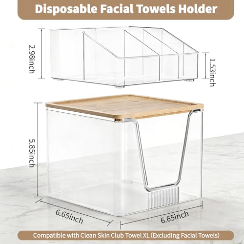 SPOSPO 2 in 1 Disposable Facial Towel Holder and Cosmetic Organizer | Clear Storage with Bamboo Lid Compatible with Clean Skin Club Towel XL, Vanity Organizer for Bathroom Vanity Counter (1 Pack)
