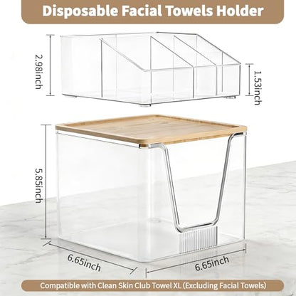 SPOSPO 2 in 1 Disposable Facial Towel Holder and Cosmetic Organizer | Clear Storage with Bamboo Lid Compatible with Clean Skin Club Towel XL, Vanity Organizer for Bathroom Vanity Counter (1 Pack)