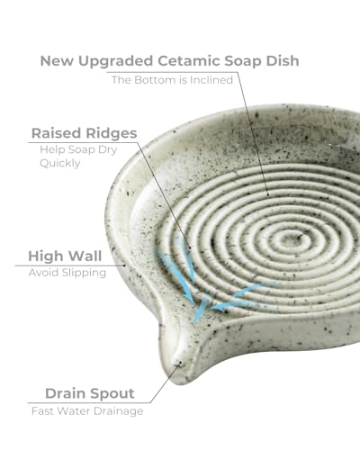 Zoeeker Self-Draining Soap Dish, Ceramic Bar Soap Holder with Drainage | Soap Tray with Waterfall Design for Shower, Bathroom and Kitchen Sink, Keep Bar Soap Dry, Brush Holder, Speckled Glaze - color: Speckled Glaze, size: Round