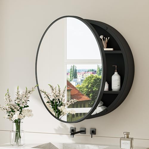 TokeShimi 26x26 Round Medicine Cabinet for Bathroom,Black Circle Bathroom Medicine Cabinet with Mirror,Surface Mount Only Detachable Shelves Circular Vanity Shatterproof Mirror with Storage - color: Black, size: Round 26 IN