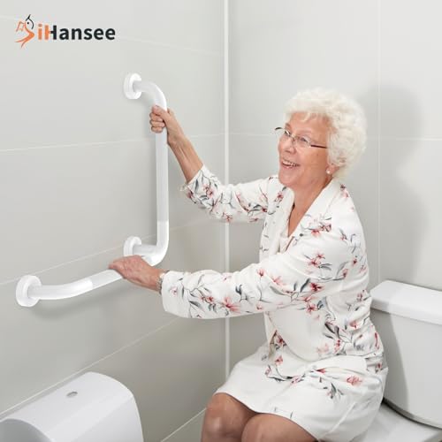 Angled Grab Bar - 16x16 Inch Stainless Steel Knurled Toilet Handles Wall Mounted Bathroom Handicap Safety Rails for Elderly Injured Balance Support, L-Shaped White Grab Bar for Shower | White Bathroom Grab Bar for Senior Elderly, Stainless Steel Handicap