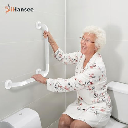 Angled Grab Bar - 16x16 Inch Stainless Steel Knurled Toilet Handles Wall Mounted Bathroom Handicap Safety Rails for Elderly Injured Balance Support, L-Shaped White Grab Bar for Shower | White Bathroom Grab Bar for Senior Elderly, Stainless Steel Handicap