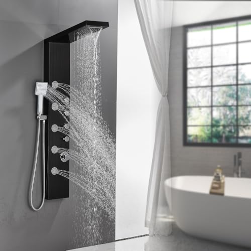 ROVATE 4-in-1 Rainfall Waterfall Shower Panel Tower System, Black | Shower Column with Body Massage Jets and Handheld, Stainless Steel High Pressure, Use Multiple Functions Simultaneously - color: Black Finish