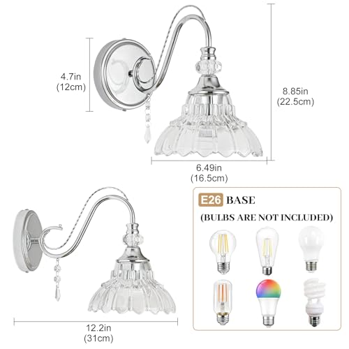 1 Piece Brushed Chrome Finish Wall Sconce, 1-Light Modern Wall Sconce with Hanging Crystal Accents and Flower-Shaped Clear Shades for Bathroom Bedroom Living Room,Modern Vanity Light - color: Chrome, size: 1-Light