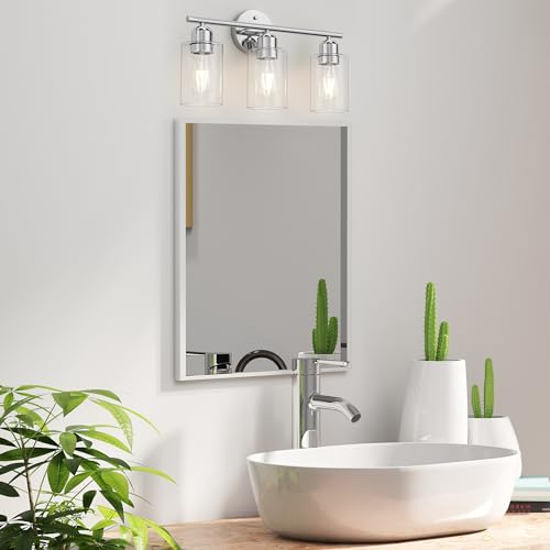 Bathroom Vanity Light Fixtures Polished Chrome Bathroom Lighting Fixture, 3 Lights Bathroom Light Fixture Over Mirror, Modern Black Vanity Light, Wall Sconces with Glass Shades - color: Polished Chrome, size: 3 Lights