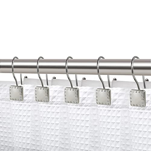 Shower Hooks - Double Shower Curtain Rings for Bathroom - Rust Resistant Shower Curtain Hooks for Shower Curtain or Liner - Shower Curtain Rings with Crystal Design - Set of 12, Brushed Nickel - color: Brushed Nickel