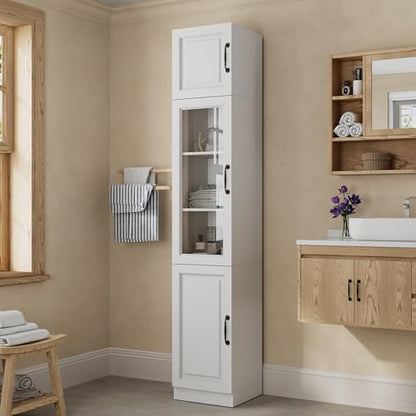 Sweet Memory 86 Inch Tall Bathroom Storage Cabinet, Thin Bathroom Organizer with 5 Tier Shelves and Glass Door, Freestanding Small Space Storage Cabinet for Bedroom, Laundry Room, Kitchen