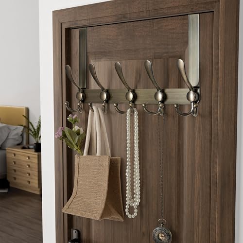 Over Door Hook 2.0 - Upgraded Version - Simple-Assembly, Strong, Heavy-Duty Stainless Steel 5-Tri-Hook Over The Door Hanger Rack, SimpleStrong Series, Bronze, Pack of 2 - color: Bronze