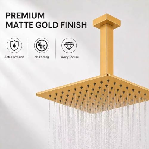 Rainfall Shower Head, BSTIIU 12 Inch Square Shaped Rain Shower Head, Ultra Thin Stainless Steel Ceiling or Wall Mounted Showerheads, Brushed Brass Gold - color: Brushed Brass Gold, size: 12-Inches, style: Square