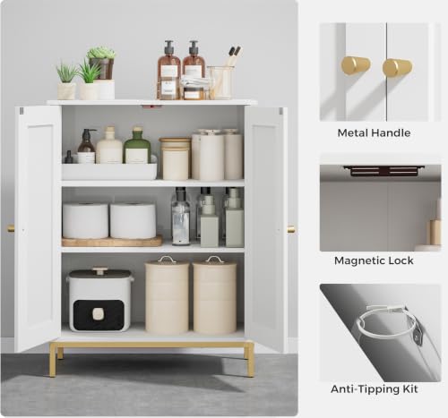 Homhedy Bathroom Storage Cabinet, Freestanding Floor Cabinet, White | Bathroom Organizers and Storage, Adjustable Shelves, Small Cabinet for Bathroom Living Room Laundry Room