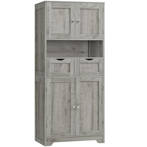 Iwell Tall Storage Cabinet with Adjustable Shelf, Bathroom Cabinet with 2 Drawers, Linen Cabinet for Living Room, Grey - color: Grey-4 Shelves
