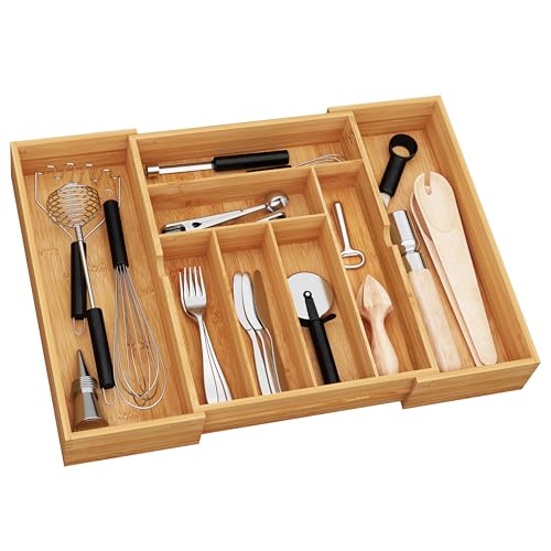BAMEOS 3" Deepth Expandable Drawer Organizer, Deep Flatware Organizer, Adjustable Silverware Organizer, Bamboo Drawer Organizer for Kitchen, Bathroom (Natural) - size: 3''H 22X16