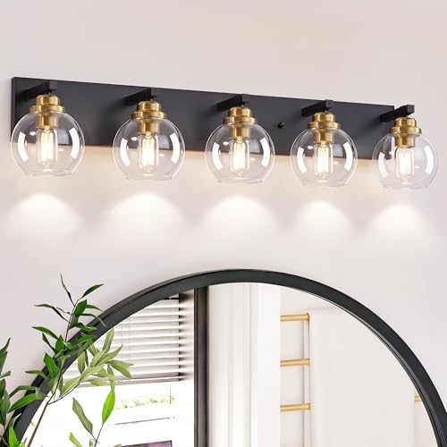 LmnLvn 5-Light Black Gold Vanity Light, Clear Glass | Bathroom light over mirror. Dimmable E26 bulbs (max 60W). Reversible up/down mount. Bedroom/hallway. 2-year warranty. - color: Black & Gold, size: 5 Lights
