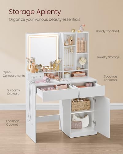 VASAGLE KAILYN Collection - 35.4-Inch Vanity Desk with Mirror and Lights, Power Outlets, Modern Vanity Table, Jewelry Storage, Adjustable Shelves, for Bedroom, Cloud White URDT132WB03S - style: 35.4"W 1 Drawers 1 Cabinet Vanity Desk - Cloud White